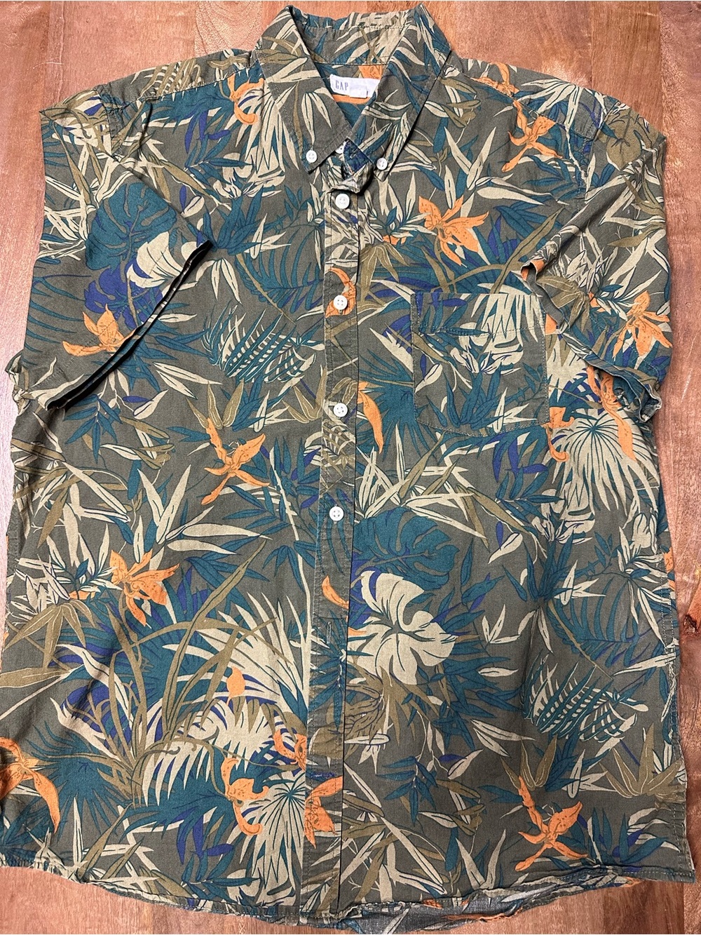 GAP Olive Short-Sleeve Tropical Print Shirt with Teal and Orange Accents
